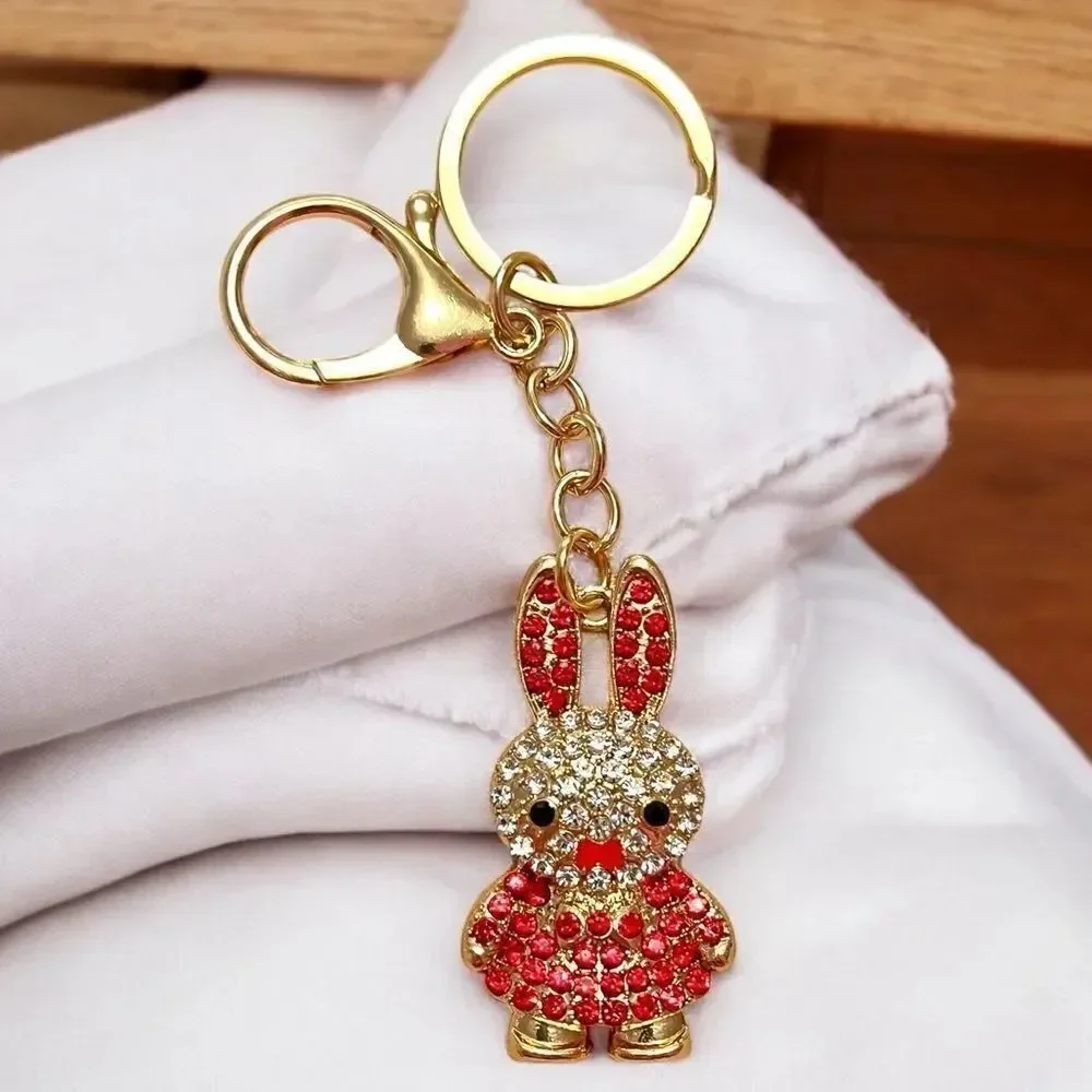White and Red Rhinestone Bunny Gold Tone Keychain